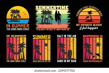 Paquete de diseño de camisetas de verano, citas sobre verano, camiseta de playa, tipografía de verano diseño de camisetas colección