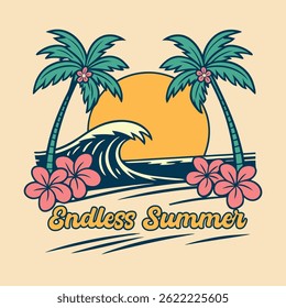 Summer T shirt Design Endless Summer Tropical Sunset Scene with Palm Trees and Ocean Wave