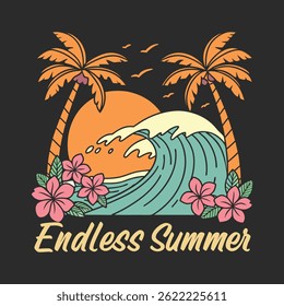 Summer T shirt design Endless Summer Vibes Retro Beach Scene