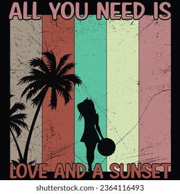 Summer t shirt design , surfing paradise Santa Monica beach, all you need is love and a sunset , vector 