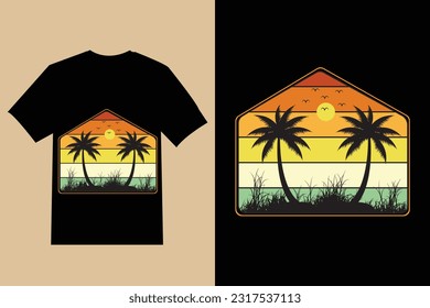 summer t shirt design , Vector summer vibes illustration , vector summer lettering with beach and ocean, silhouette palms background with quote  , t shirt design.