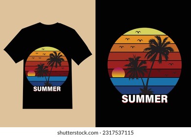 summer t shirt design , Vector summer vibes illustration , vector summer lettering with beach and ocean, silhouette palms background with quote  , t shirt design.