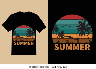 diseño de camisetas de verano , ilustración de vibraciones de verano vectorial con letras de verano con playa y océano, fondo de palmas de silueta con comillas , diseño de camisetas.