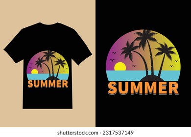 summer t shirt design , Vector summer vibes illustration , vector summer lettering with beach and ocean, silhouette palms background with quote  , t shirt design.