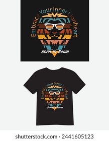 Summer t shirt design vector illustration, summer sublimation t shirt Vector illustration, lion head vector design with typography "born to roam", "embrace your inner lionheart"with retro vintage vibe