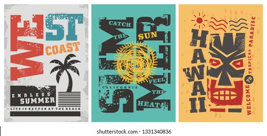 Summer t shirt graphic designs. West coast, Hawaii, California sun, surf, beach and ocean themes. Vector card poster or tee template.