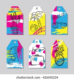 Summer tags set. Labels with cactus, palm, ball, glasses, umbrella, swimsuit, hat, suitcase, pineapple. Summer objects over colorful grunge background. Gift cards collection. Summer fun theme. Vector