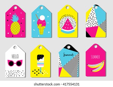 Summer tags set. Sticker in Retro design. 80s - 90s fashion. labels with ice cream, sun glasses watermelon, banana, Summer Scandinavian collection of Greeting Cards