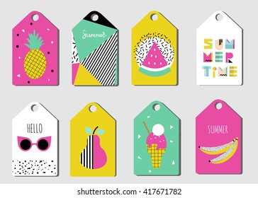 Summer tags set. Sticker in Retro design. 80s - 90s fashion. Labels with ice cream, sun glasses, pear, banana.  Hand drawn font. Lettering quote. Summer Scandinavian collection of Greeting Cards