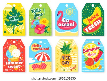 Summer tags. Summertime labels with watermelon, strawberries. Gift tag with fruits, flowers, tropical leaves, ice cream, beach, ocean. Holiday vacation card label vector. Bright elements with fruit