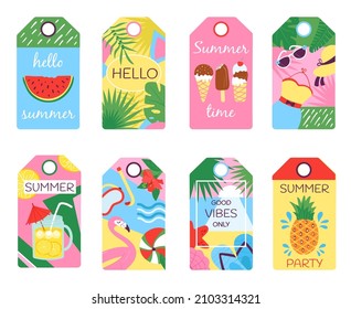 Summer tags. Tropical tag, scrapbook gift cards with fruits and beach elements. Fashion travelling banners, fun travel holidays decent vector design