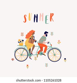 Summer tandem bike with couple cartoon illustration
