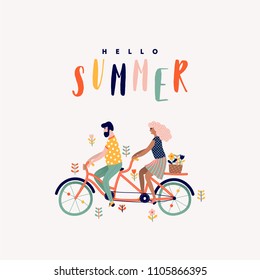 Summer Tandem Bike With Couple Cartoon Illustration