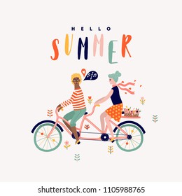 Summer Tandem Bike With Couple Cartoon Illustration