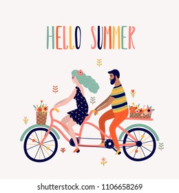 Summer tandem bike with couple cartoon illustration