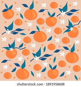 Summer tangerines, seamless pattern with mandarins and flowers