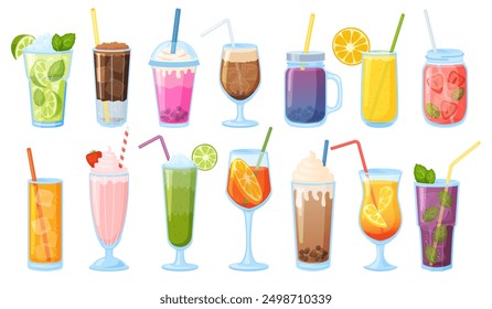 Summer tasty drinks. Non alcoholic refreshing beverages. Cold lemonades. Fresh juices. Smoothies or milkshakes with ice cubes. Mint mojito. Soda glasses with straws