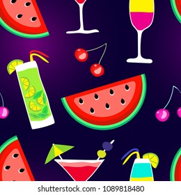 Summer tasty fruits. Seamless pattern with colorful cartoon fruits.