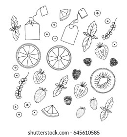 Summer tea ceremony. Hand drawn tea bags with mint, orange slices, kiwi slices, strawberry, currant, blueberries. Vector mono illustration.

