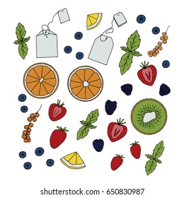 Summer tea ceremony. Hand drawn tea bags with mint, orange slices, kiwi slices, strawberry, currant, blueberries. Vector mono illustration.