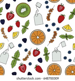Summer tea ceremony seamless pattern. Hand drawn tea bags with mint, orange slices, kiwi slices, strawberry, currant, blueberries. Vector doodle print.
