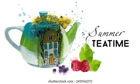 Summer Tea Time. Watercolor vector painting