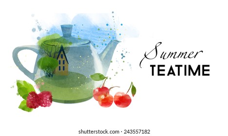 Summer Tea Time. Watercolor vector painting