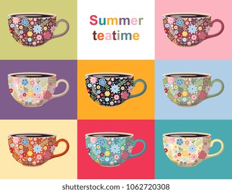 Summer teatime. Cute collection of cups with floral pattern. Crockery design with beautiful flowers on different backgrounds. Vector set.