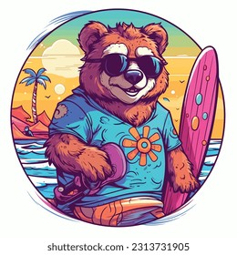 Summer Teddy Bear, Cool Bear, Retro Bear, Teddy T-Shirt, Bear Design, Teddy Vector