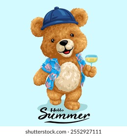 Oso de peluche de verano con camisa hawaiana y texto "Hola verano", Ilustración vectorial