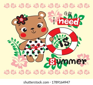 Summer Teddy Design Vector Illustration.