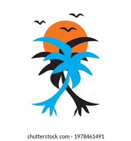 Summer tee design with coconut tree, moon and birds. For t-shirt, graphic tee, apparel and clothing and vacation or trip. 