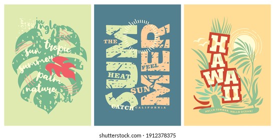 Las camisetas de verano imprimen motivos hawaianos, motivos tropicales florales y letras. Vector elegante de camisetas y ropa de diseño de moda plantillas. Ideas de ropa de tela al estilo de la moda. 