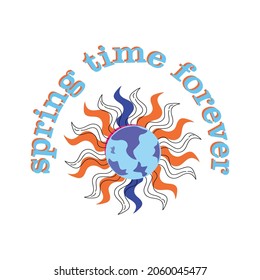 Diseño de té de verano. Aquí hay sol y tierra mezclados en uno. Ropa, vestimenta, icono de moda. Símbolo de amanecer y de puesta de sol. Tiempo de primavera para siempre. 