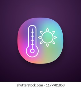 Summer temperature app icon. High temperature. Heater. Thermometer with sun. Warm, hot air. UI/UX user interface. Web or mobile application. Vector isolated illustration