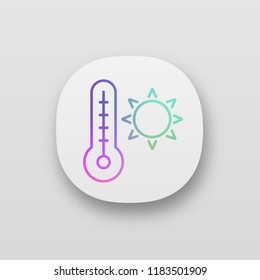 Summer temperature app icon. High temperature. Heater. Thermometer with sun. Warm, hot air. UI/UX user interface. Web or mobile application. Vector isolated illustration