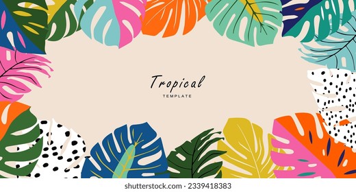 Plantilla de verano para fondo, afiche, tarjeta, cubierta, etiqueta, banner de estilo minimalista moderno y plantillas de diseño de verano sencillas con hojas tropicales, flores y plantas.