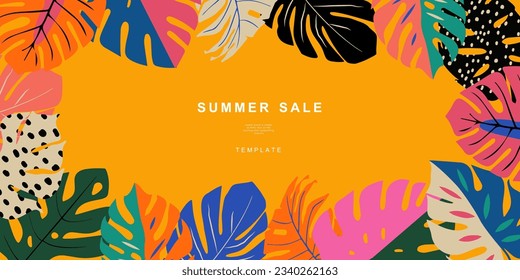 Plantilla de verano para fondo, afiche, tarjeta, cubierta, etiqueta, banner de estilo minimalista moderno y plantillas de diseño de verano sencillas con hojas tropicales, flores y plantas.