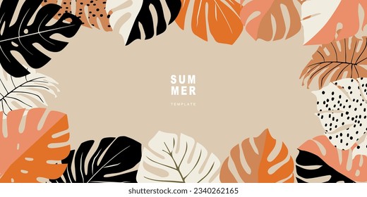Summer template for background, poster, card, cover, label, banner in modern minimalist style and simple summer design templates with tropical leaves, flower, and plants.