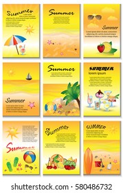 Summer Template Banners Set-Vector Illustration,Graphic Design.Flyer Design With Surfboard,Slippers,Fruit Slice And Ball.Collection Of Modern Posters,Ocean Landscape.For Ads,Advertising,Web Site,Print