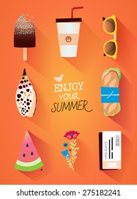 Summer template with beach and summer accessories, vector illustration.