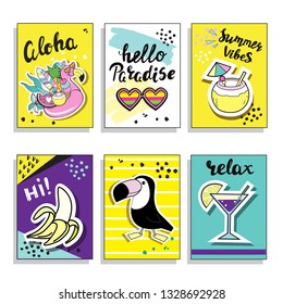 Summer template card collection. Toucan, flamingo, banana and summer lettering