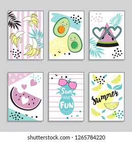 Summer template card with summer fruits. Watermelon, banana, avocado, pineapple