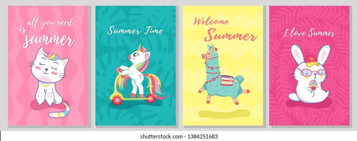 	
Tarjeta de plantilla de verano con gatos, llama, unicornio, conejo y conejo de gatitos