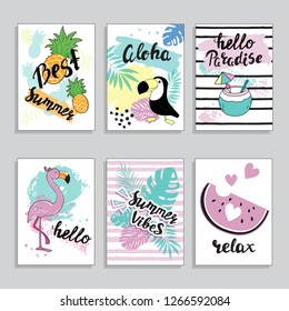summer template card set with palm leaves and summer items
