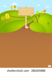 Summer template card with a wooden sign and a path on hills in vector