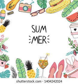 Summer template with cute simple style hand drawn objects, plant and fruits. Creative frame with plqce for text