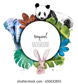 Summer template design with green tropical plants, palm leaves and animals.