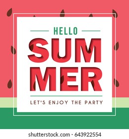 Summer template design. Summer in paper cut style with white square frame on watermelon background. Vector illustration.