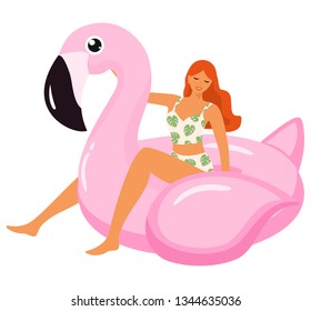 Summer template with flamingo inflatable pool float and girl in swimsuit. Vector illustration.